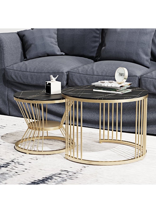 Mobellya Set of 2 High-End Nesting Coffee Tables – Marble alternative top  – Gold Steel Frame - Image 1